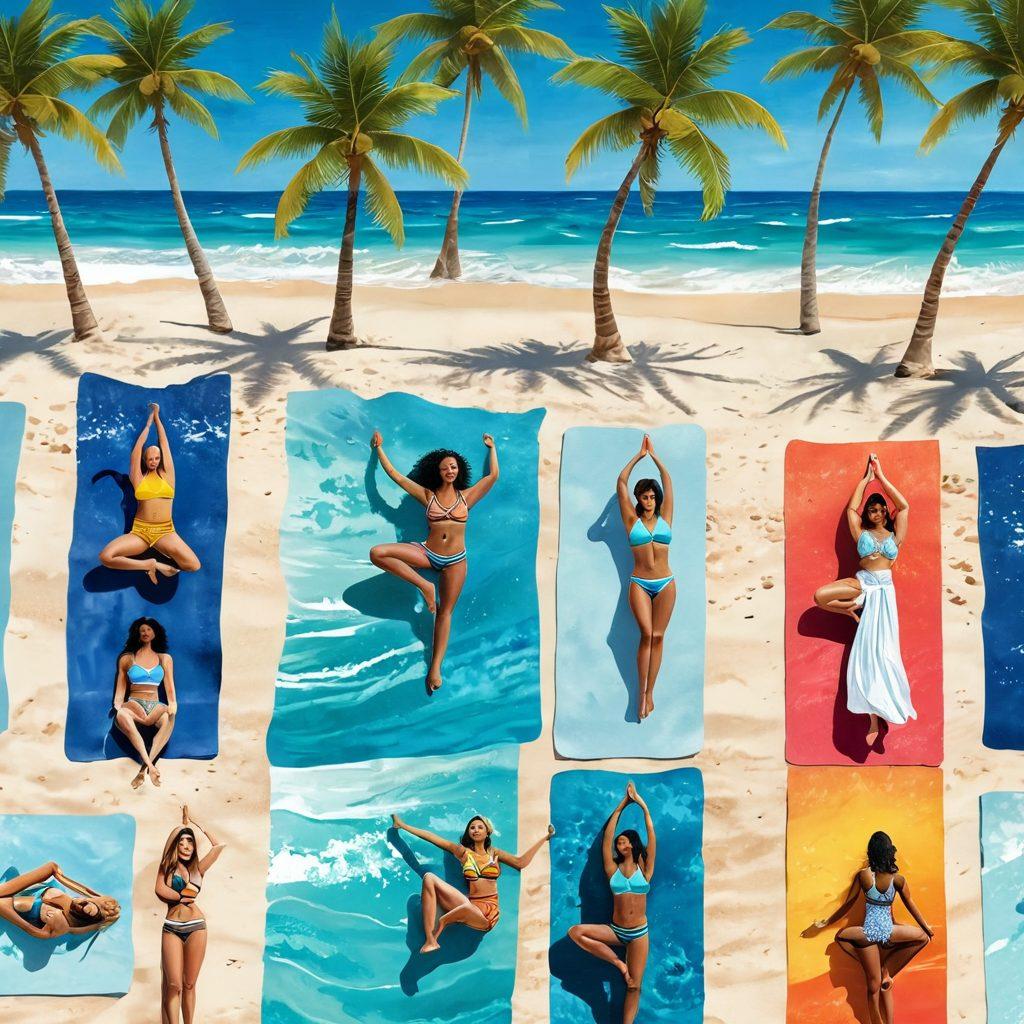 A sunlit beach scene featuring a diverse group of women in stylish bikinis, showcasing various body types and confident poses. Surrounding them are wellness elements like yoga mats, tropical fruits, and zen stones, creating a vibrant and relaxed atmosphere. The background includes palm trees, clear blue skies, and sparkling ocean waves. Emphasize bright colors and a lively summer vibe. vibrant colors. super-realistic. beach illustration.