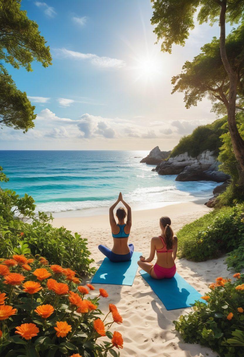 A serene beach scene with a sun-soaked landscape, featuring a diverse group of people practicing yoga and meditation amidst lush greenery and vibrant flowers. Incorporate healthy snacks like fruits and nuts, alongside refreshing beverages. The sky should be a brilliant blue with fluffy white clouds, and the sun radiating warmth and energy. Add soft waves gently lapping at the shore to evoke a sense of tranquility. vibrant colors. super-realistic.
