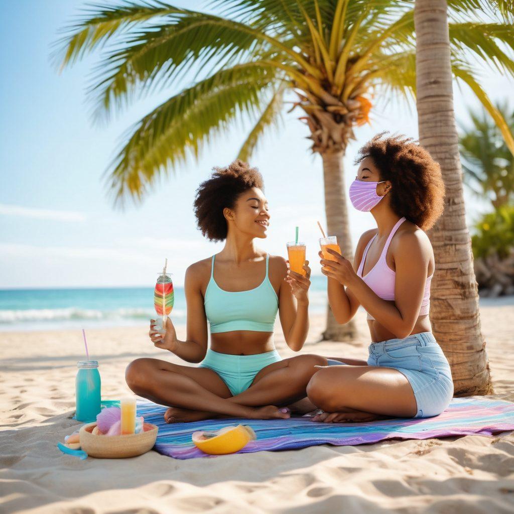 A serene summer scene featuring a diverse group of women practicing self-care on a sunlit beach. One woman is meditating under a palm tree, another is enjoying a refreshing drink, and a third is applying a face mask, surrounded by vibrant beach accessories. Soft pastel colors and gentle waves in the background create a calming atmosphere. The scene captures joy, relaxation, and empowerment. vibrant colors. soft focus.